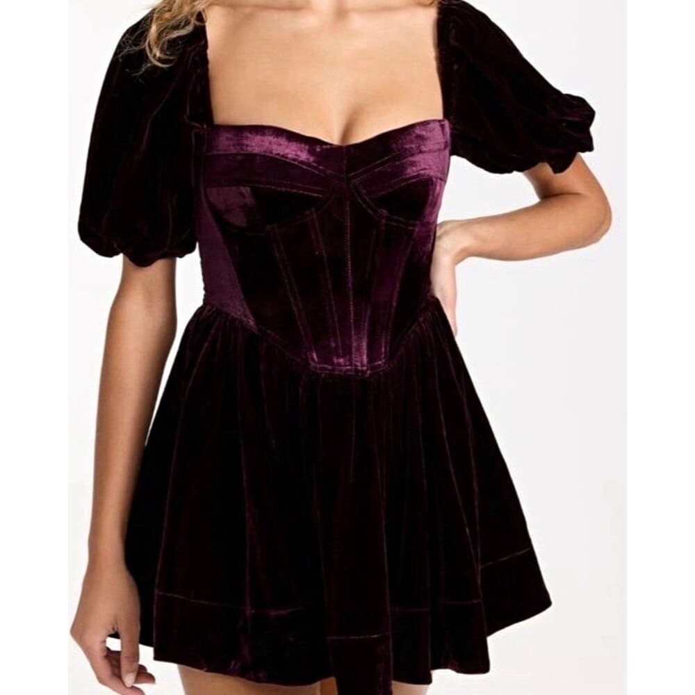 Altar’D State Purple Velvet milkmaid Puff Sleeve Mini Dress XS Whimsigoth witchy